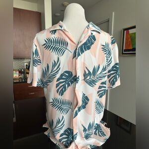Express Hawaiian Shirt | Pink, White, Green Palm Leaves | Medium